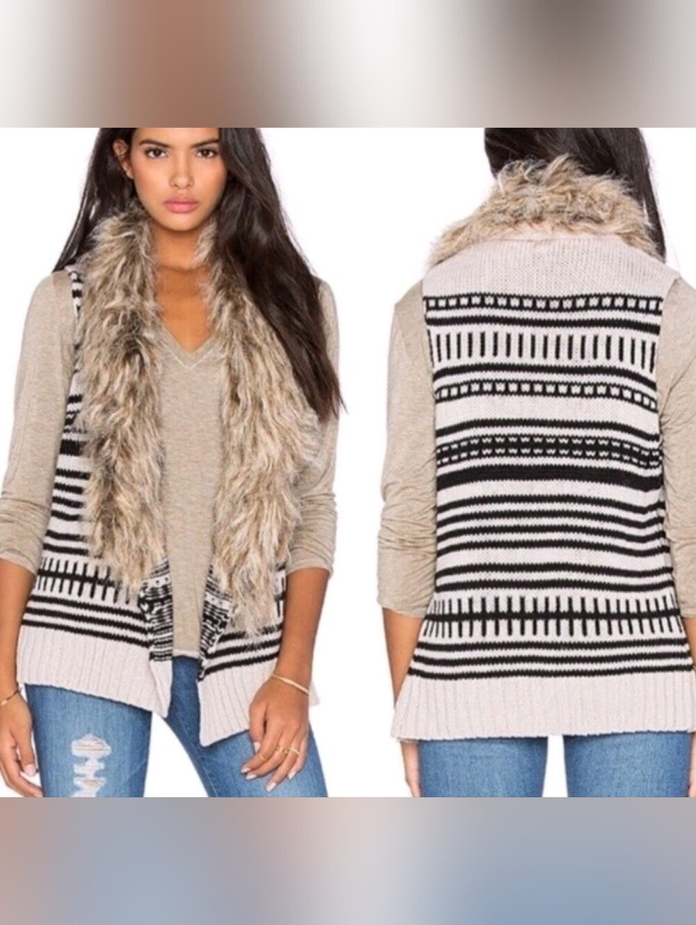 BB Dakota Open Front Faux Fur Trim Sweater Vest Striped Beige Black Penny Lane